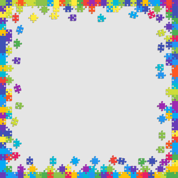 Frame, background, banner, blank with puzzle jigsaw colorful pieces. Puzzle background, banner, blank. Vector jigsaw section template. Background with puzzle frame colorful separate pieces, mosaic, details, tiles, parts. Outline abstract jigsaw. Game group detail. puzzle borders stock illustrations