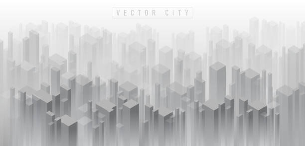 Abstract isometric 3D crowded city background of building in misty fog. Panoramic real estate background with skyscrapers. black and white metropolis city concept background. Abstract isometric 3D crowded city background of building in misty fog. Panoramic real estate background with skyscrapers. black and white metropolis city concept background. cityscape silhouettes stock illustrations