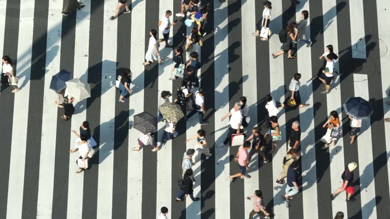 4K High Angle aerial view wide shot of pedestrian man and woman tourist walking crossing the street crosswalk with traffic driving cars on the road in summer at Ginza, Tokyo, Japan