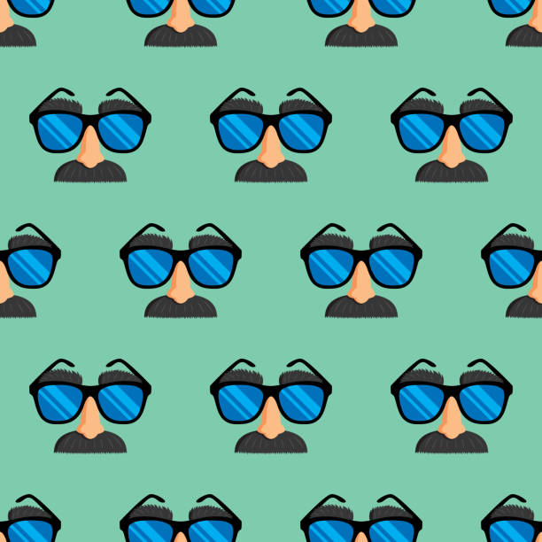 Vector illustration of glasses with fake nose and mustache icons in a repeating pattern against a green background.