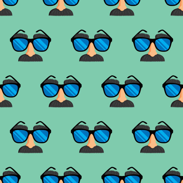 Vector illustration of glasses with fake nose and mustache icons in a repeating pattern against a green background.