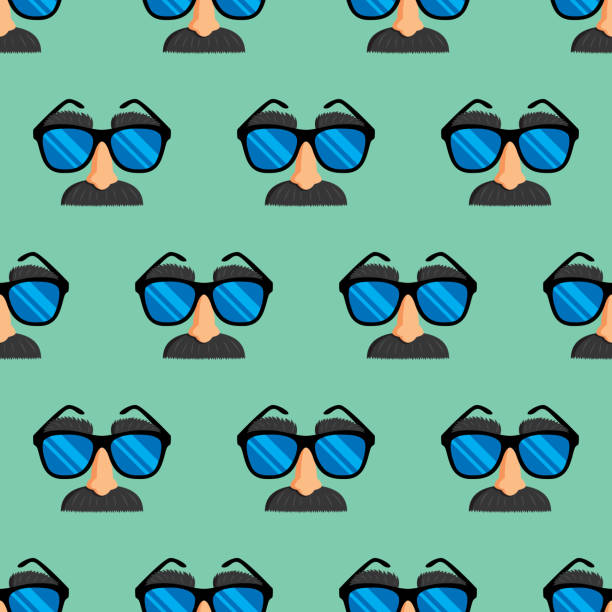 Disguise Pattern Vector illustration of glasses with fake nose and mustache icons in a repeating pattern against a green background. groucho marx disguise stock illustrations