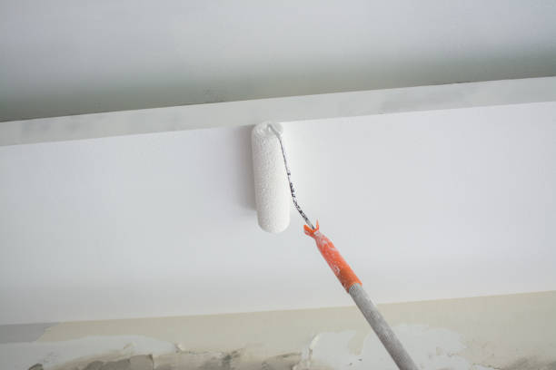 istock painting a white gypsum plaster ceiling with paint roller 1167291177