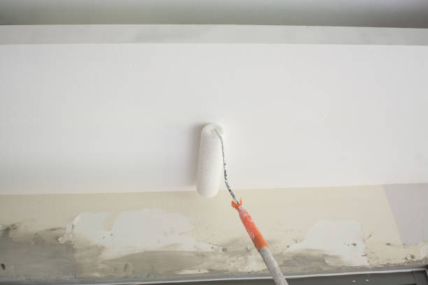 istock painting a white gypsum plaster ceiling with paint roller 1167291185