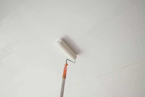 istock painting a white gypsum plaster ceiling with paint roller 1167291197