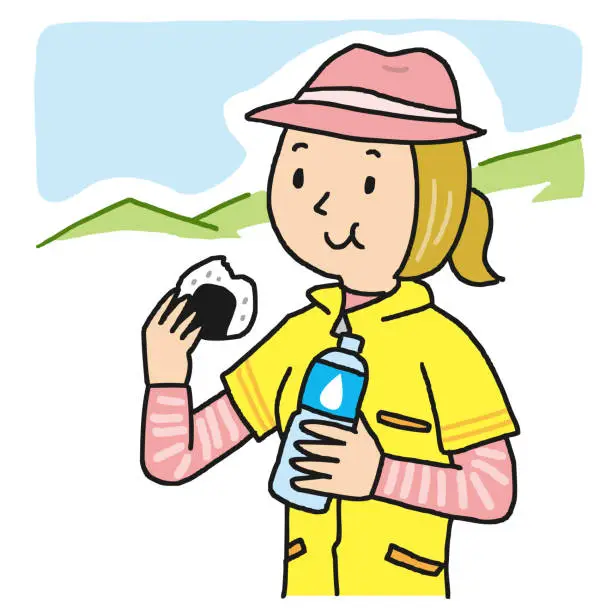 Vector illustration of Female hiker eating rice ball