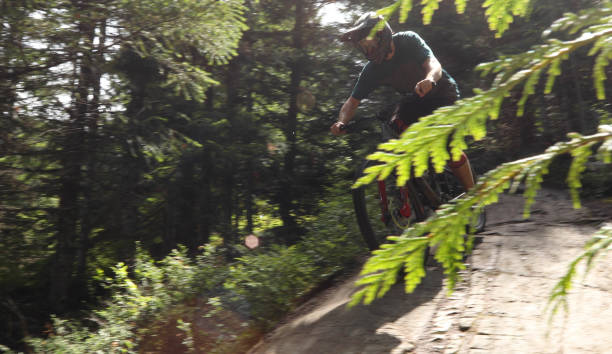 istock Male mountain biker descends steep slab through forest 1167295195
