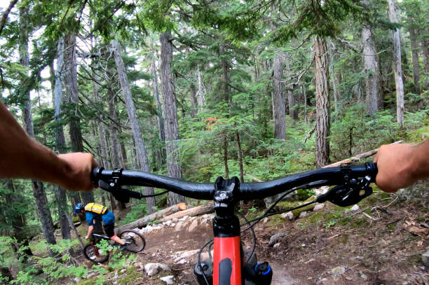 istock Male mountain biker follows trail through forest 1167295199