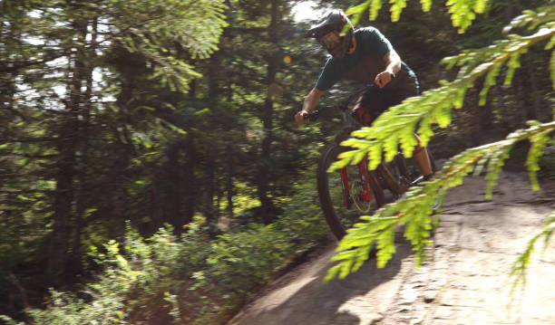 istock Male mountain biker descends steep slab through forest 1167295210