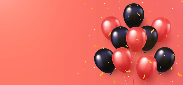 Greeting Banner Or Poster With Coral And Black Realistic 3d Vector Flying  Balloons Stock Illustration - Download Image Now - iStock