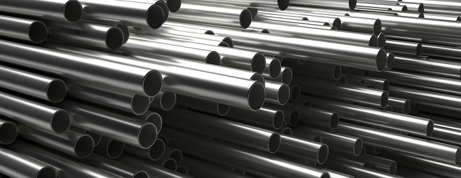 Pipes tubes steel metal background. Round shale stacked, banner. Products for utilities services, construction industry. 3d illustration