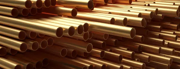 Copper pipes tubes background. Round shape metal tubing stacked, banner. Products for utilities services, construction industry. 3d illustration