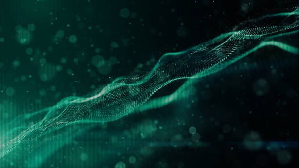 Green color digital particles wave flow and twist abstract motion technology background concept