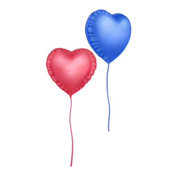 하트 모양의 두 개의 빨간색과 파란색 팽창 헬륨 풍선, 장식 휴일, 발렌타인 데이 및 흰색 배경에 파티 개념에 대한 부분 - valentines day two dimensional shape heart shape love stock illustrations