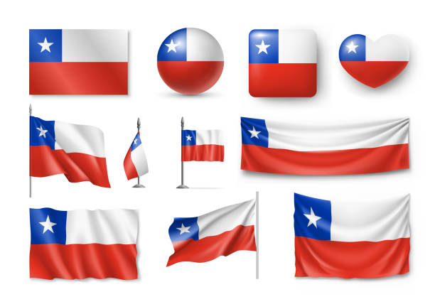 Various flags of Chile country Various flags of Chile independent country set. Realistic waving national flag on pole, table flag and different shapes badges. Patriotic chilean rendering symbols isolated vector illustration. flag of chile stock illustrations