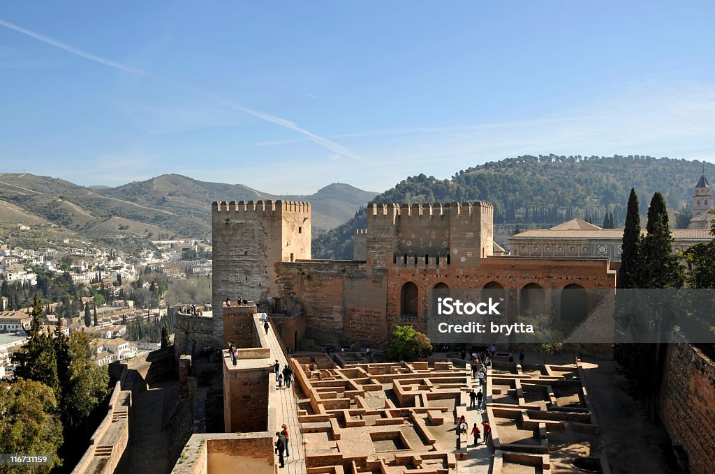 View on a courtyard of the Alcazaba,Granada  Moorish fortress inside  the Alhambra complex of Granada,Spain.View from the highest watchtower 'Torre de la Vela'. Alcazaba Of Alhambra Stock Photo