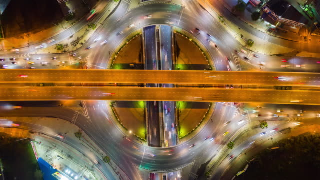 4K Hyperlapse : traffic on freeway interchange - Aerial view of expressway or Highway road junctions