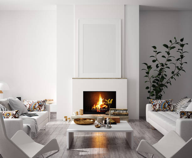 mock up poster in moderne huis interieur met open haard, scandinavische stijl - fireplace stockfoto's en -beelden