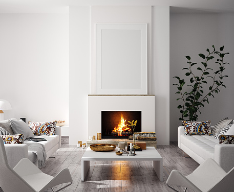Mock up poster in modern home interior with fireplace, Scandinavian style