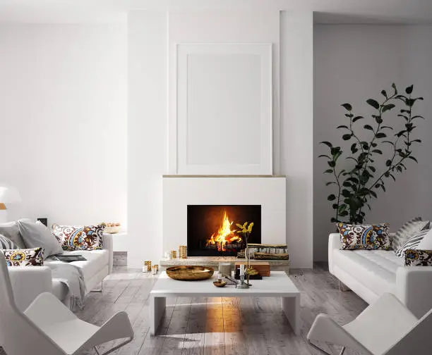 Photo of Mock up poster in modern home interior with fireplace, Scandinavian style