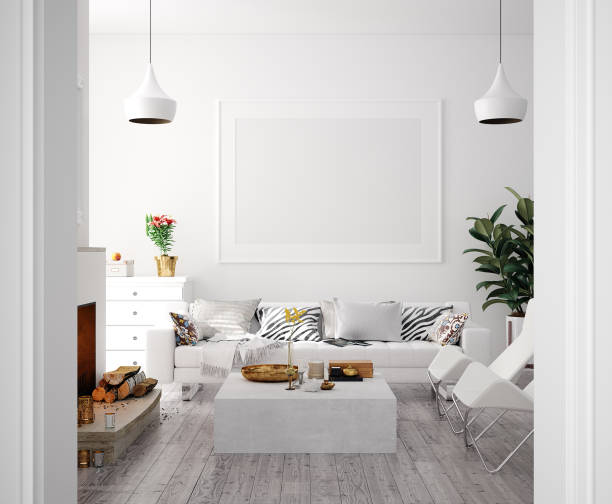 Mock up poster in modern home interior with fireplace, Scandinavian style