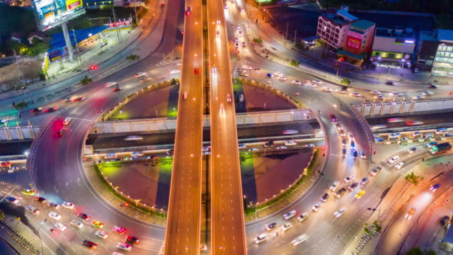 4K Hyperlapse : traffic on freeway interchange - Aerial view of expressway or Highway road junctions