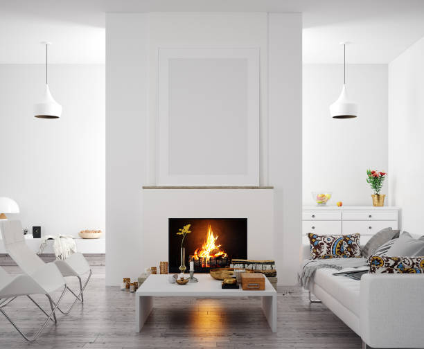 istock Mock up poster in modern home interior with fireplace, Scandinavian style 1167316908