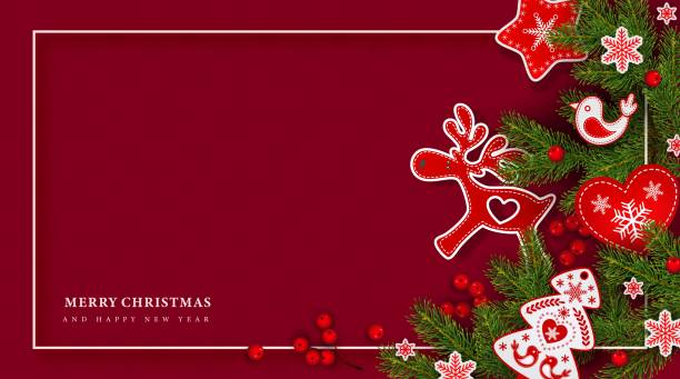 Christmas tree branch, holly berries, deer, heart, bird, snowflakes, background Christmas Scandinavian design. Festive background with Christmas tree branches, holly berries, deer, heart, bird, snowflakes and other decorations on red background. Vector illustration traditional christmas stock illustrations