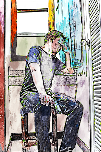 Digital painting of stress man with gun, color image