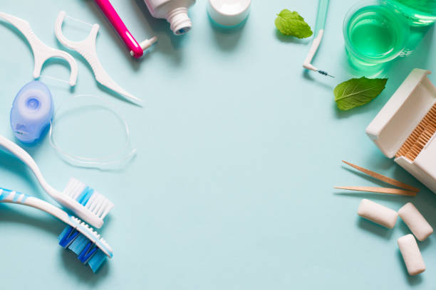 istock Teeth care frame concept with manual toothbrushes and oral hygiene products 1167320499