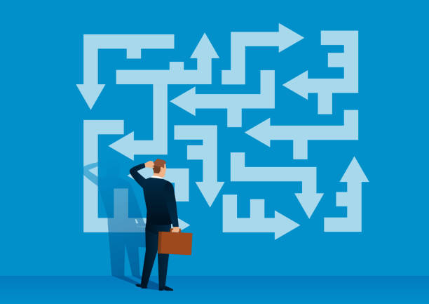 Businessman looking at the labyrinth of arrows looking for the right direction Businessman looking at the labyrinth of arrows looking for the right direction maze road street confusion stock illustrations