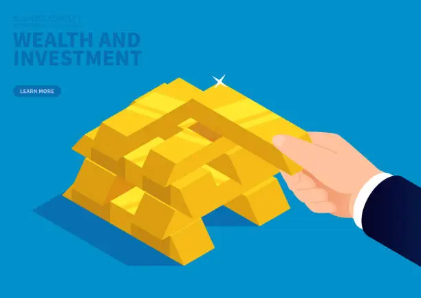 Vector illustration of Wealth and investment, hand holding gold bars stacked