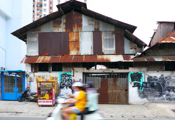 old residential houses with street market in Hanoi near the Dong Xuan Market
