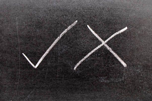 istock White color chalk hand drawing as check mark of right and wrong shape on black board background 1167322348