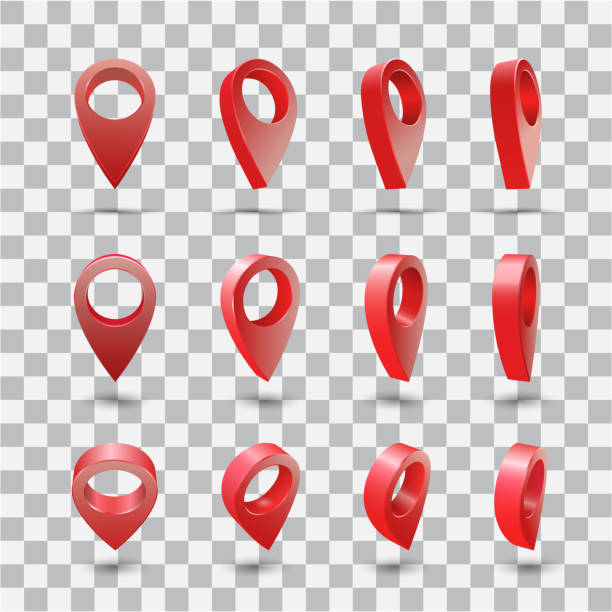 Set Map pointer 3d pin at different angles on transparent background Set Map pointer 3d pin red at different angles on transparent background. Location symbols vector set isolated on white background. Web location point, pointer 3d arrow mark illustration pin entry stock illustrations