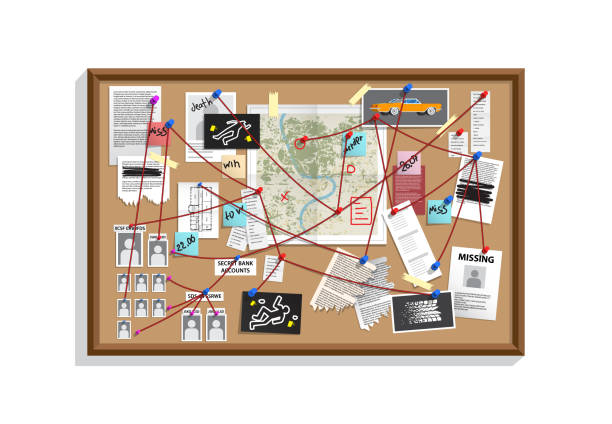 Detective Board with pins and evidence, crime investigation Detective Board with pins and evidence, crime investigation. Investigation board with pinned photos, newspapers and notes. Cops plan for solve the crime. Detective map vector illustration. detective map stock illustrations