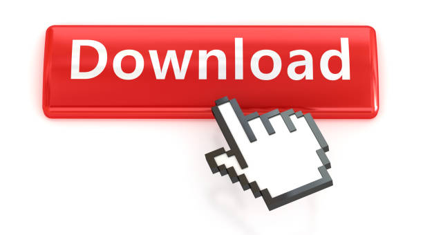 istock Red push button with click hand isolated on the white background. Download your file. Web design icon sets. 1167324842