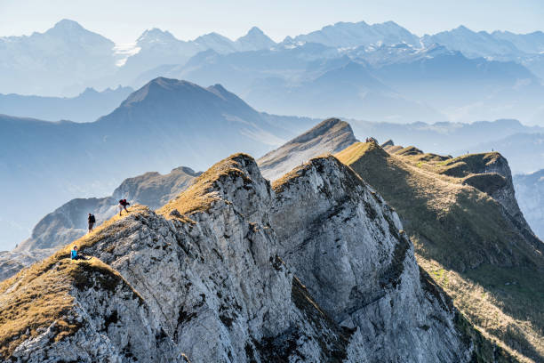 mountain ridge between stallion and Schibengütsch, Schrattenfluh, Lucerne Alps, Sörenberg, Switzerland Stallion, Switzerland - October 14, 2018 : Hiking people on a mountain ridge between stallion and Schibengütsch, Schrattenfluh, Lucerne Alps, Sörenberg, Switzerland lucerne switzerland stock pictures, royalty-free photos & images
