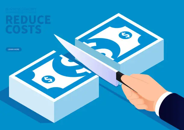 Vector illustration of Concept of cost reduction, holding a knife in hand and cutting a pile of paper money