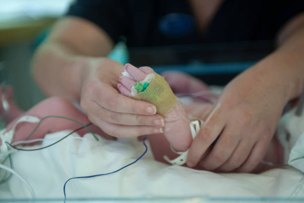 Premature baby holds mothers hand stock photo