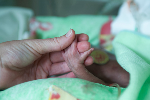 A mother holds the tiny hand of her premature baby in hospital