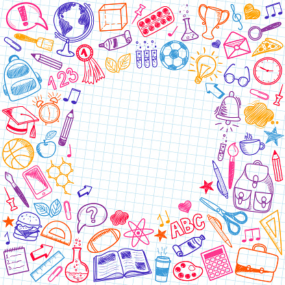 School sketch doodle set. Various hand-drawn school items arranged as frame on notebook page. Back to School. Vector illustration.