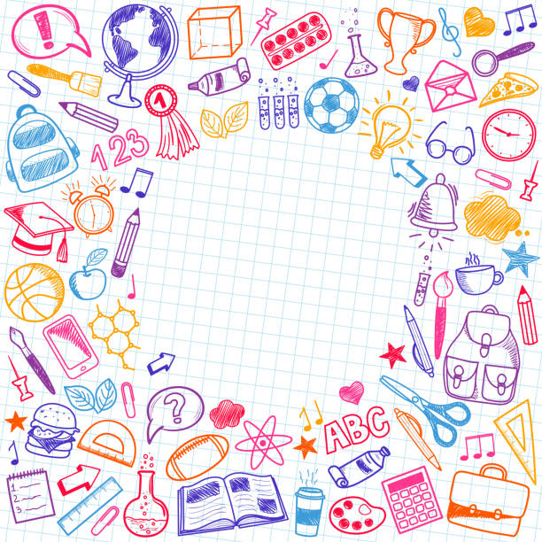 School sketch doodle set. Various hand-drawn school items School sketch doodle set. Various hand-drawn school items arranged as frame on notebook page. Back to School. Vector illustration. ruler doodle stock illustrations