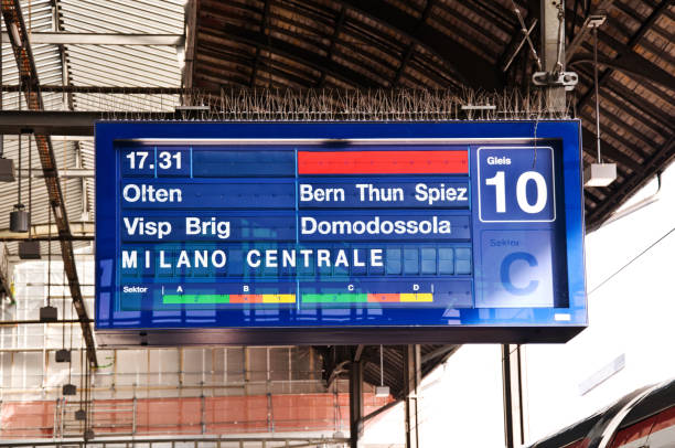 An electronic board display on platform 10. With info about a 17.31PM Milan-bound train via Olten, Bern, and Domodossola