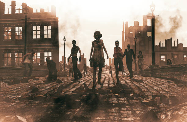 Zombies horde in ruined city after an outbreak Zombies horde in ruined city after an outbreak,3d illustration for book cover demolished photos stock pictures, royalty-free photos & images