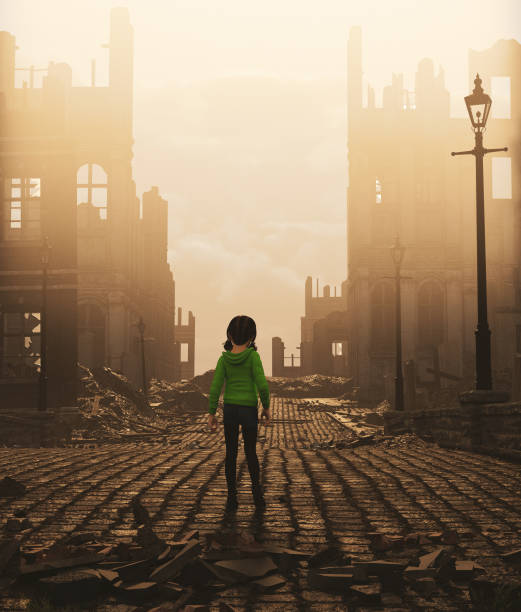 istock Girl walking alone in abandoned city,3d rendering 1167340599