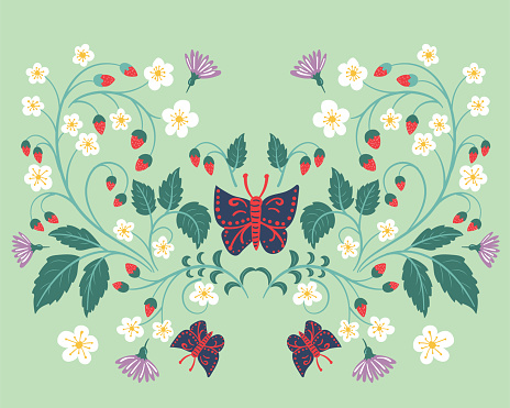 Old fashioned folk art flowers and butterflies