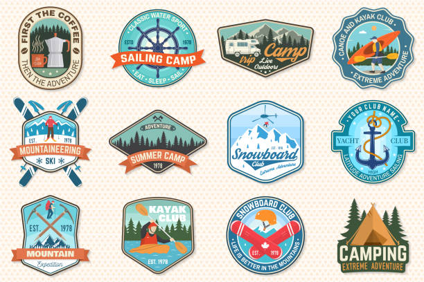 illustrazioni stock, clip art, cartoni animati e icone di tendenza di set di patch da campo a vela, canoa, snowboard, arrampicata e kayak club. vettore. concetto per camicia, stampa, timbro o tee. patch avventura all'aperto. - avvenimento sportivo