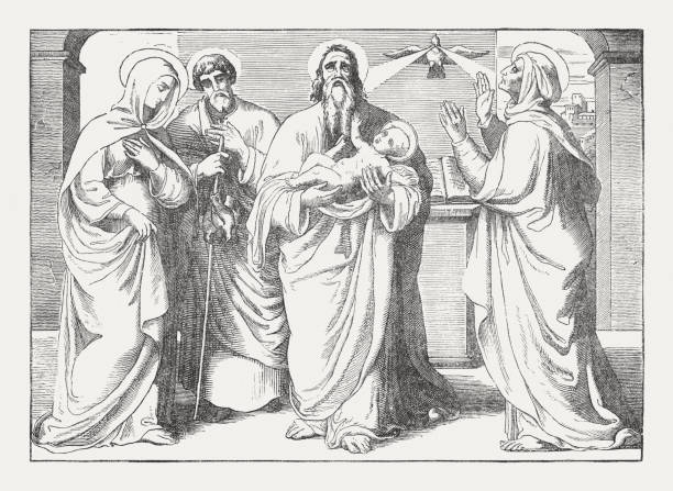 jesus' präsentation im tempel (lukas 2), holzschnitt, veröffentlicht 1850 - san simeon stock-grafiken, -clipart, -cartoons und -symbole