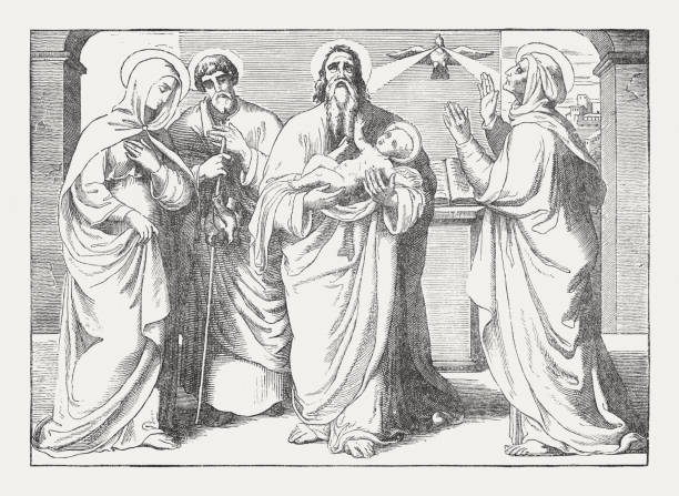 prezentacja jezusa w świątyni (łukasza 2), drzeworyt, opublikowana w 1850 roku - san simeon stock illustrations